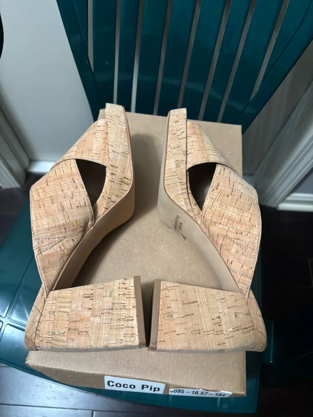 Dolce Vita Tan Cork Crossover Block Heel Slides. DV Dolce Vita womens Boscoe